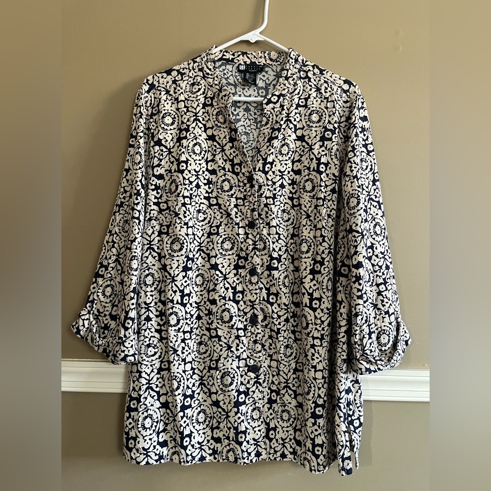 Carole Little Woman 55% Linen Paisle Button Front Top Blue Cream 2XL